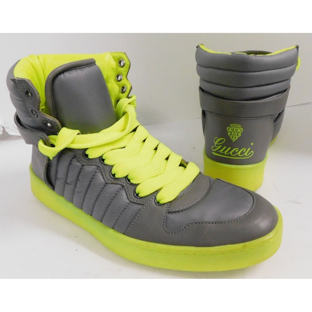 GUCCI Mens Hudson Quilted High Top Sneakers Gray Neon Green sz 41 G  US 8 appox